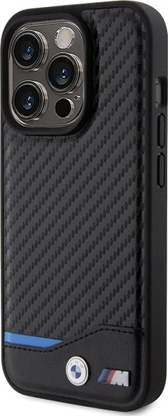 Mbështjellës BMW Leather Carbon MagSafe për iPhone 15 Pro, i zi