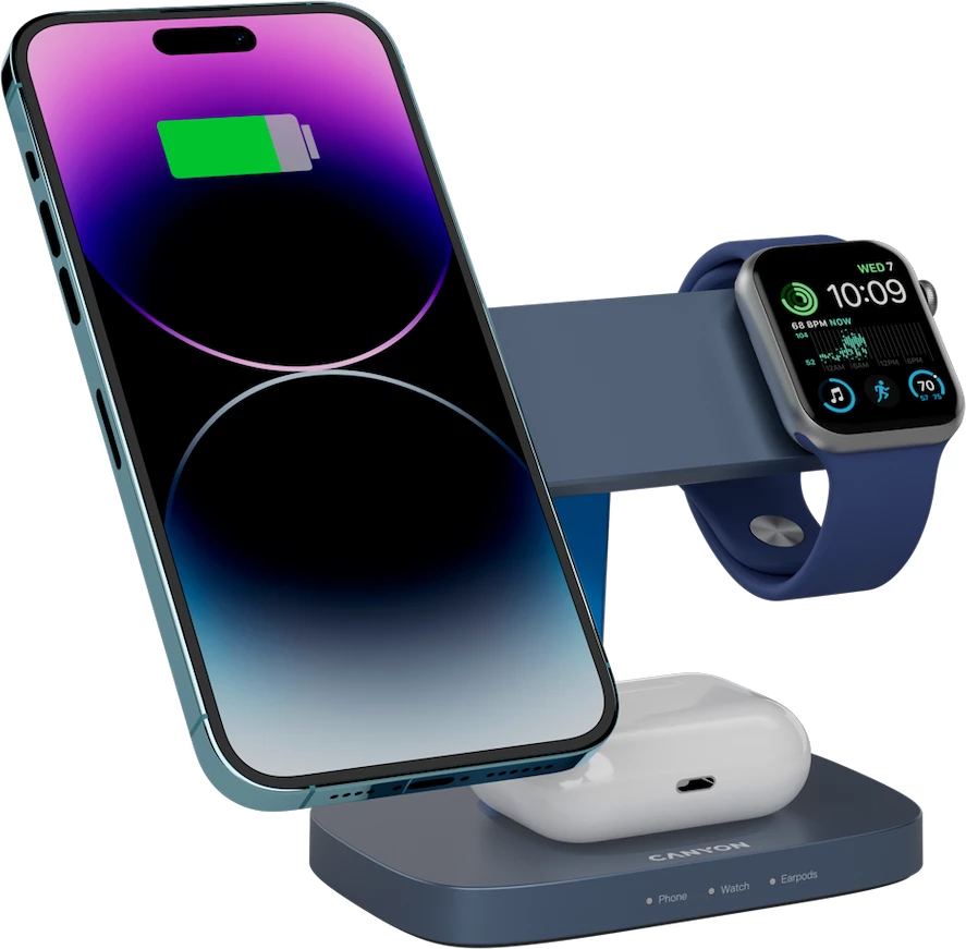 Stacion karikimi pa kabllo CANYON Hexagon WCS-310 3në1 15 W, Dark Grey/Blue, me adapter PD 20W + kabllo USB-C