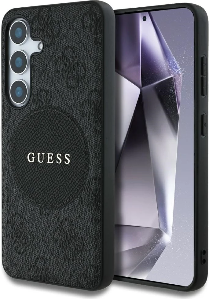 Mbështjellës Guess 4G Round Patch Classic Logo MagSafe për Samsung Galaxy S25+, eko-lëkurë/TPU/PC, Black