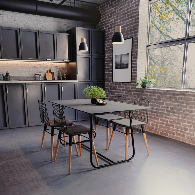 Tavolinë ngrënie Revello gur i sinterizuar mermer i zi- këmbë metalike dizajn 150x90x75cm