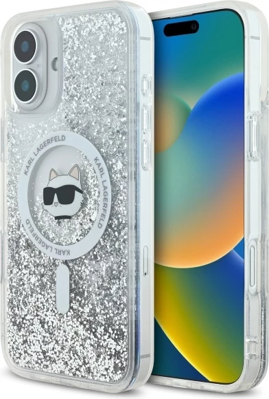 Mbështjellës Karl Lagerfeld Liquid Glitter Choupette Head MagSafe për iPhone 16, Transparent