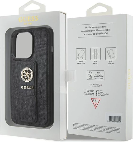 Mbështjellës Guess Grip Stand 4G Saffiano Strass për iPhone 15 Pro Max, i zi