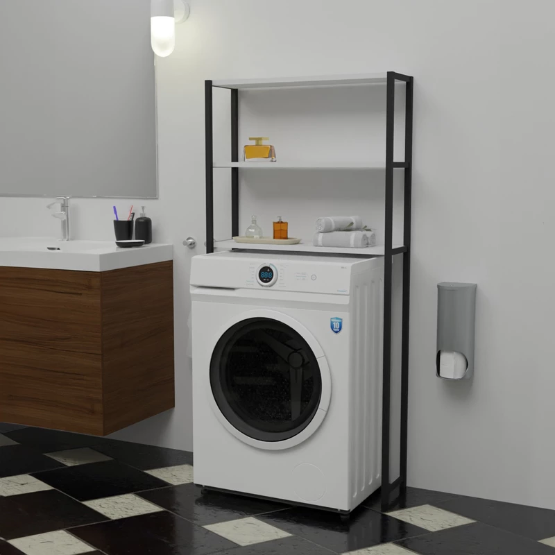 Kabinet për lavanderi Bothy, melaminë e bardhë-metal i zi, 70x21x150cm