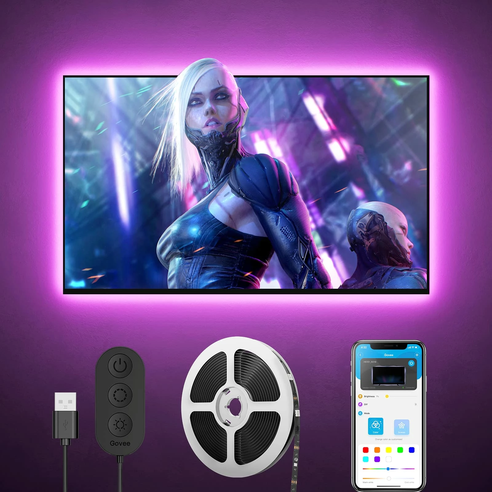 Dritë prapavije LED RGB për TV Govee Backlight 46-60\", 3 m, Bluetooth/USB, set 4 segmente