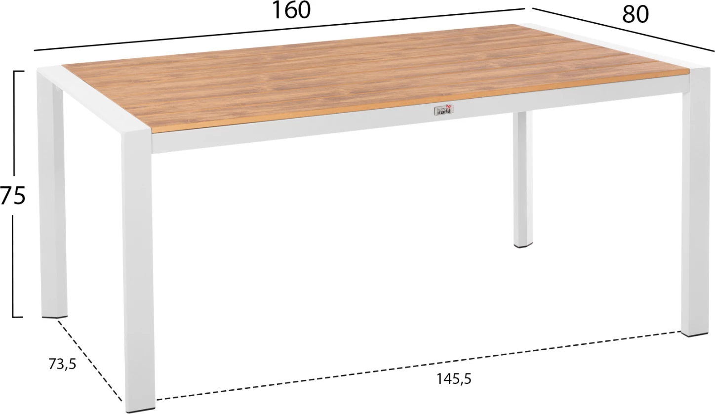 Tavolinë ngrënieje për jashtë GOYA, alumini, ngjyrë e bardhë & sipërfaqe tavoline polywood, 160x80x75 cm