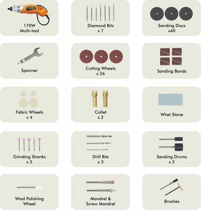 Vegël shumëfunksionale rrotulluese VonHaus 3515153 170 W, set 120 copë, portokalli