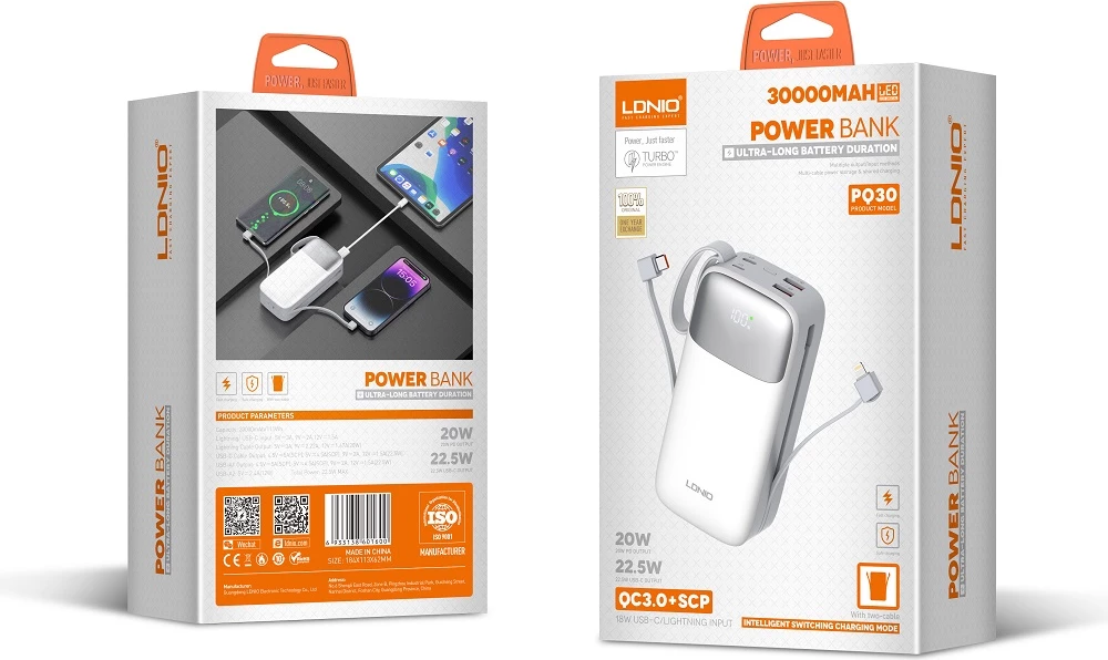 Power bank LDNIO PQ30 30000mAh 22.5W me kabllo të integrume USB-C/Lightning, 2 porta USB, e bardhë