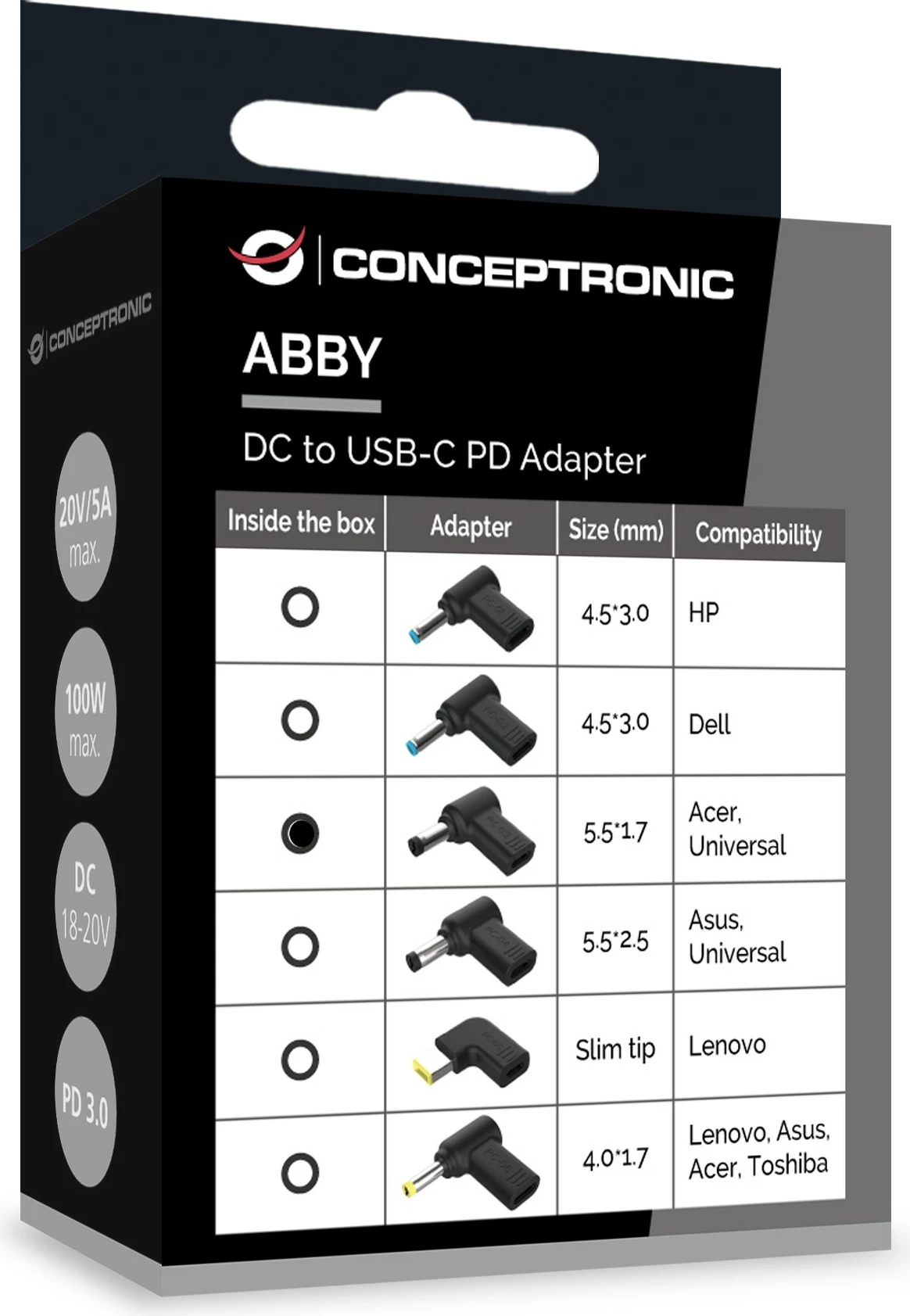 Adapter Conceptronic USB-C PD100W në 5.5x1.7mm për Acer, i zi