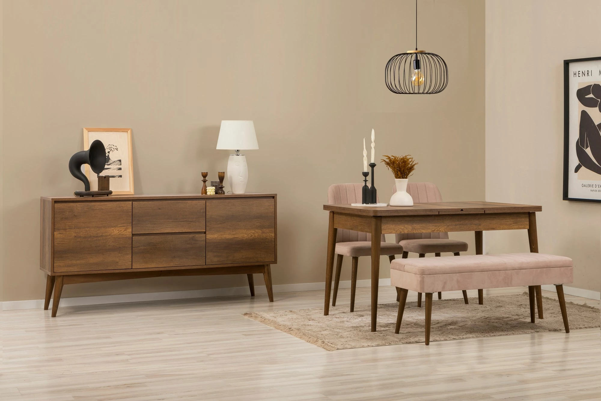 Set tavolinë me karrige dhe konsol, zgjatues, 5 pjesë, Skye Decor, Vina 02 0900, ngjyrë arrë, gur