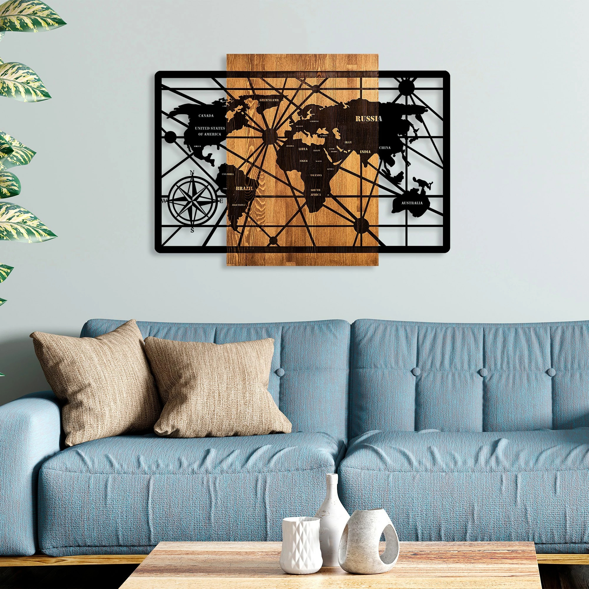 Aksesor dekorativ muri prej druri, hartë bote, Wallity, 6-L, ngjyrë arre dhe e zezë, 70x96cm