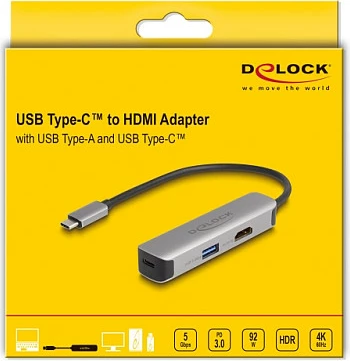 Adapter USB-C n’HDMI DeLOCK, 4K 60Hz, USB-A + USB-C PD 92W, gri