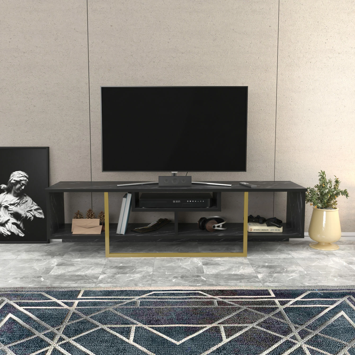 Komodë TV Hanah Home, Asal 150, e zezë, e artë