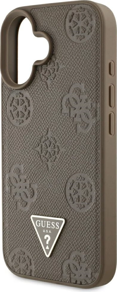 Mbështjellës Guess Grained Hot Stamp Peony Triangle Logo MagSafe për iPhone 16, Kafe