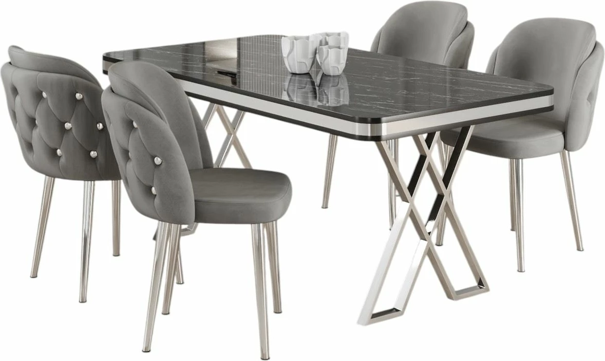 Tavolinë me karrige, 5 copë, Skye Decor Rigel, mermer i zi, krom, gri