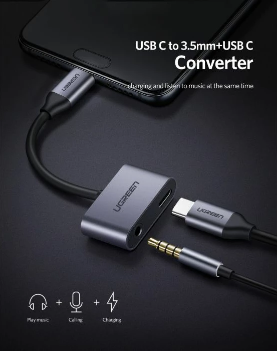 Adapter hub USB-C në 3.5mm + USB-C UGREEN 50596, gri