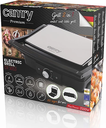 Grill elektrik tavoline, Camry, CR 3053, 180° hapje, pllaka jo-ngjitëse 28x23 cm, termostat, 2000W (max 2500W), zi-argjendt 5