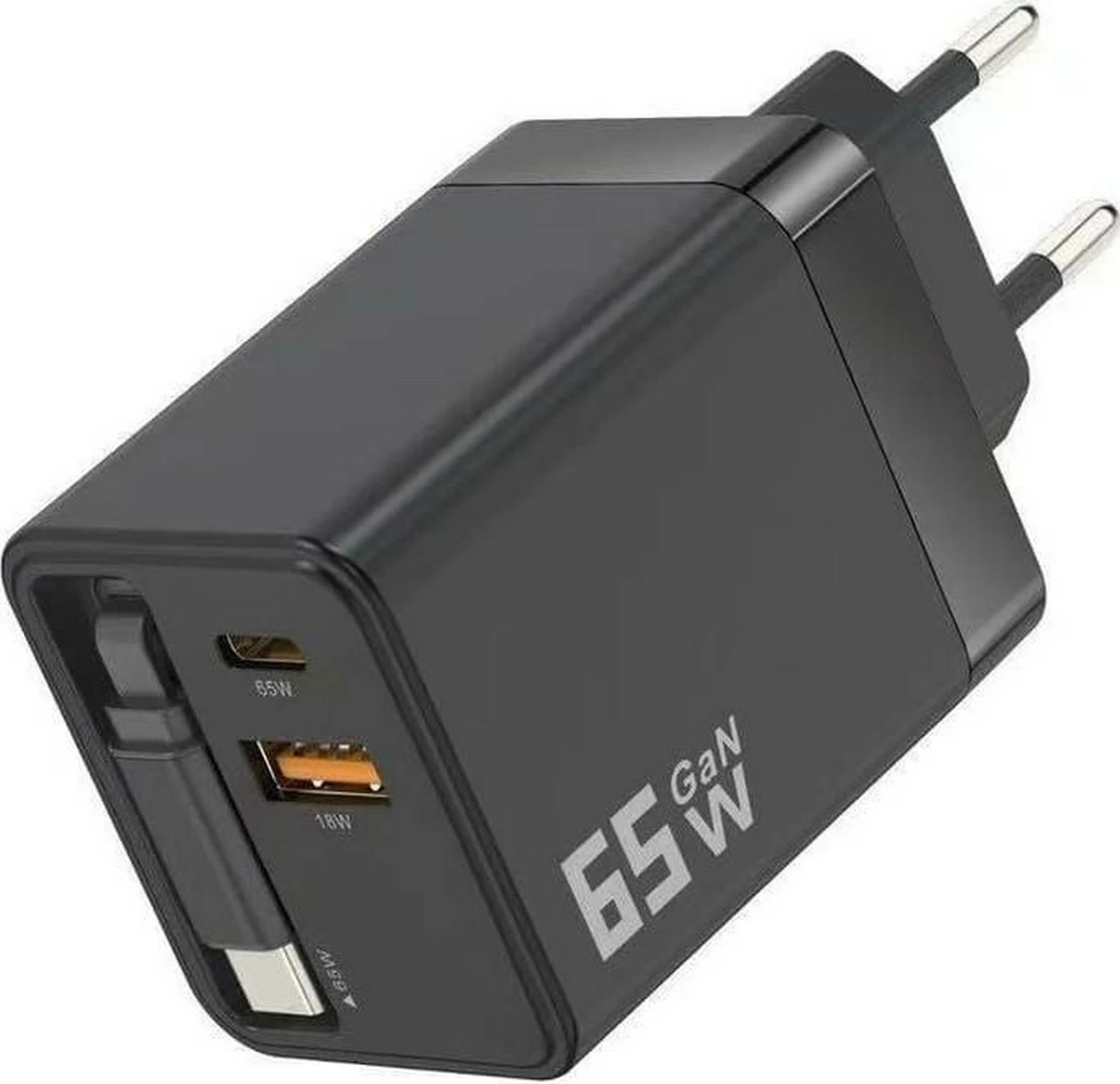 Karikues rrjeti Teltech TCH-11, 65W, 1x kabllo USB-C e integruar + USB-C + USB-A, i zi