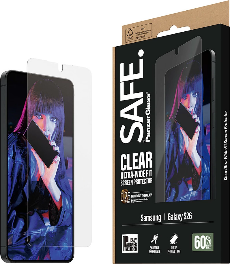 Mbrojtëse ekrani PanzerGlass SAFE., për Samsung Galaxy S26, Ultra-Wide Fit, EasyAligner, transparente