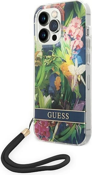 Mbështjellës Guess GUOHCP14LHFLSB për iPhone 14 Pro 6.1", Flower Strap, Blu