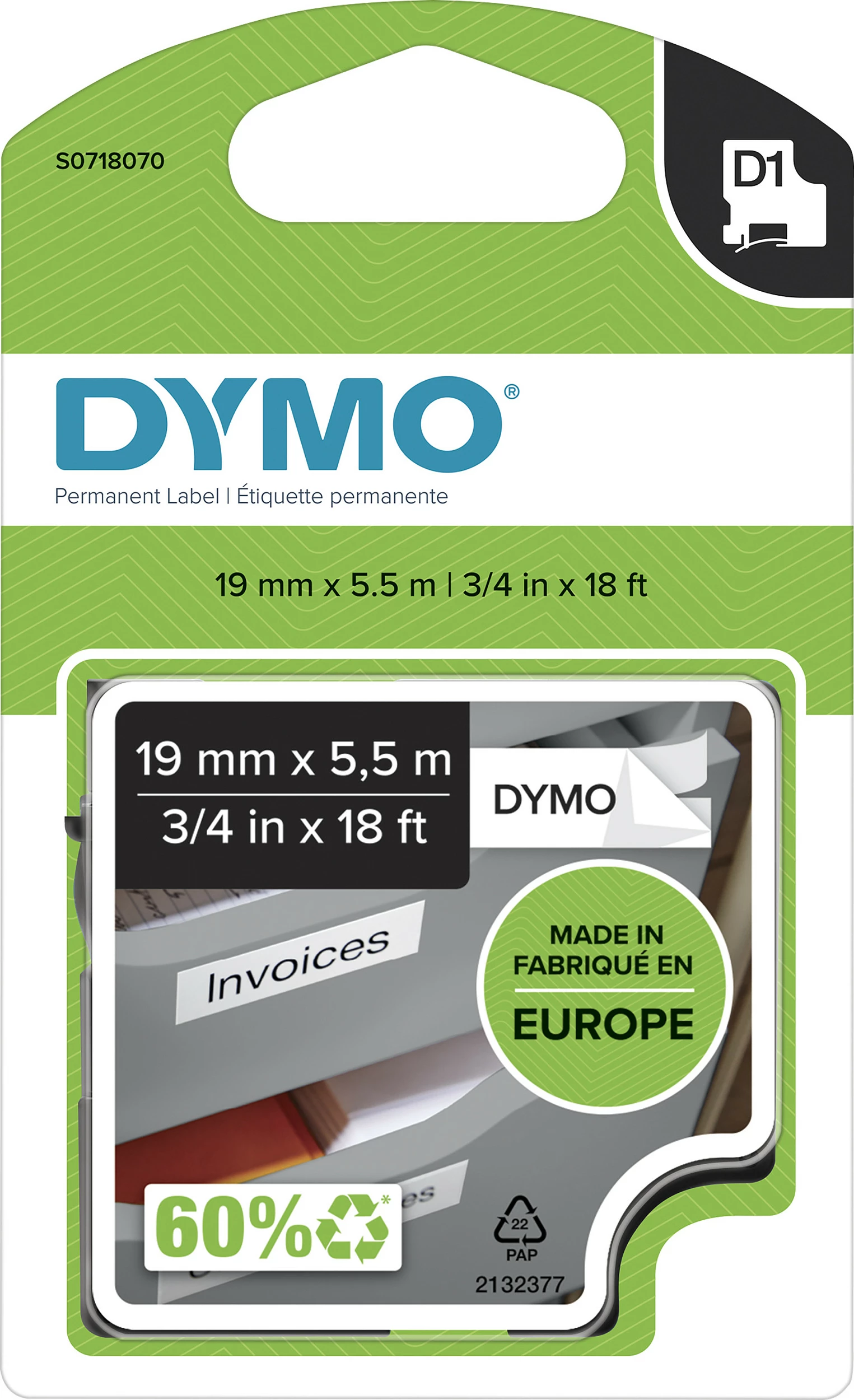 Shirit etiketash Dymo D1 16956, 19mm x 5.5m, i zi në të bardhë