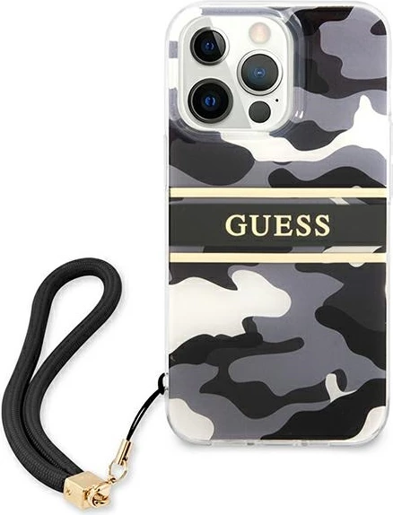Mbështjellës Guess GUHCP13XKCABBK për iPhone 13 Pro Max 6.7", Camo, i zi, me varëse