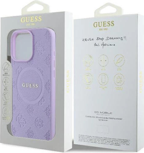 Mbështjellës Guess Saffiano Peony Classic Logo MagSafe për iPhone 16 Pro, Vjollcë