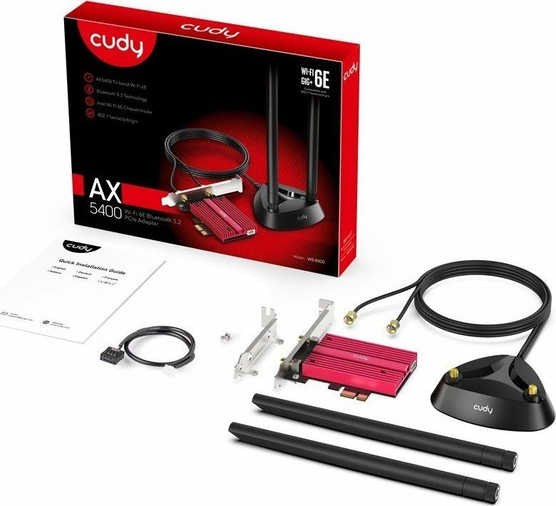 Kartelë rrjeti Wi‑Fi PCIe Cudy WE4000 Wi‑Fi 6E AX210 5400 Mb/s Bluetooth 5.2, kuq/zi, set me 2 antena