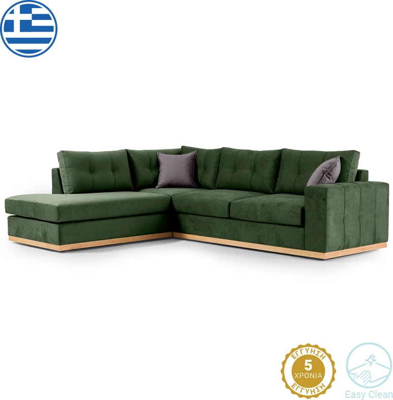 Divan qoshe Boston qoshe e djathtë, material pëlhurë, ngjyrë jeshile e errët-gri e errët, 280x225x90cm