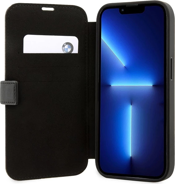 Mbështjellës BMW BMBKP14L22RVSK për iPhone 14 Pro 6.1\", bookcase, eco lëkurë/PU/PC, me 3 xhepa kartelash, në kuti, i zi