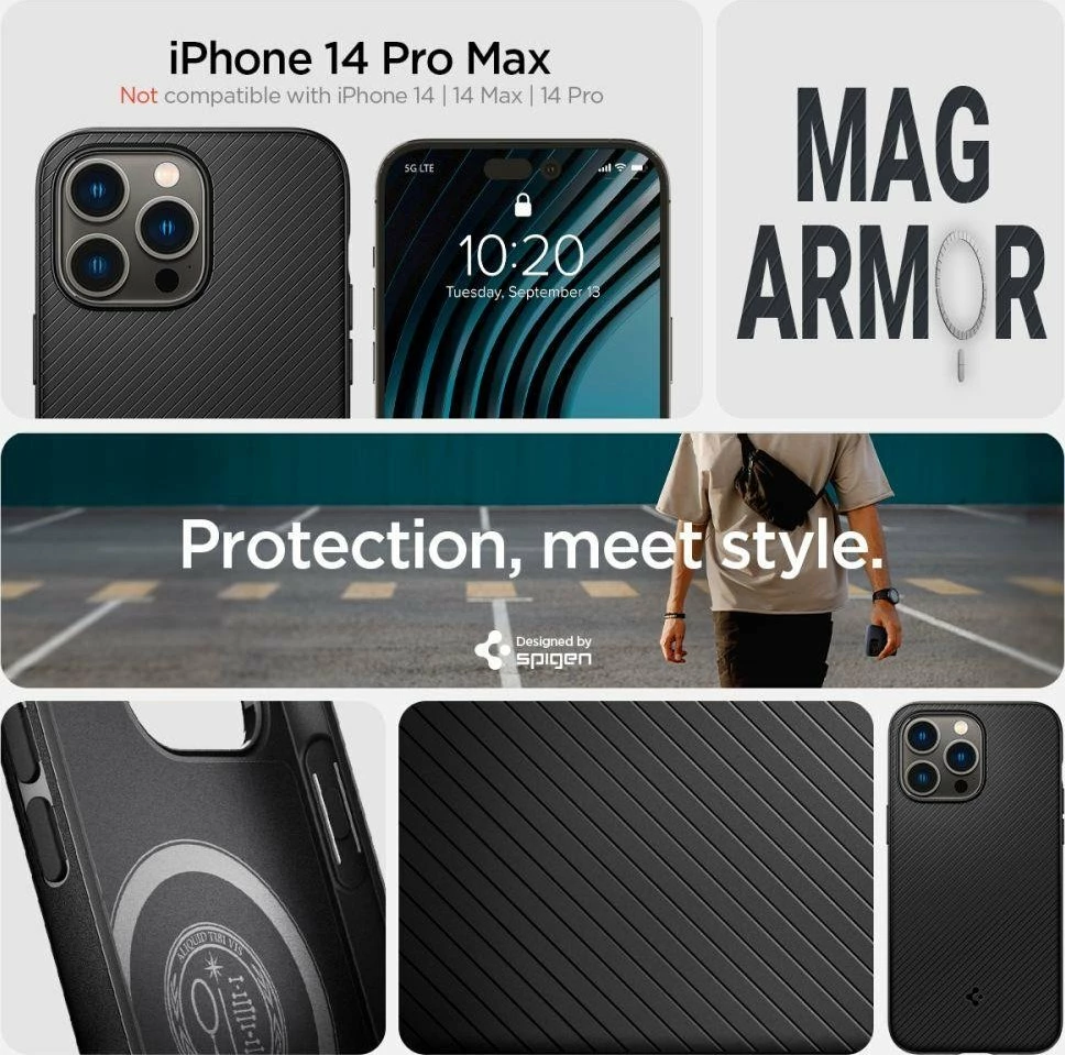 Mbështjellës Spigen Mag Armor për Apple iPhone 14 Pro Max, fibër aramidi (Kevlar), pllakë magnetike, i hollë, i zi, set 1 copë