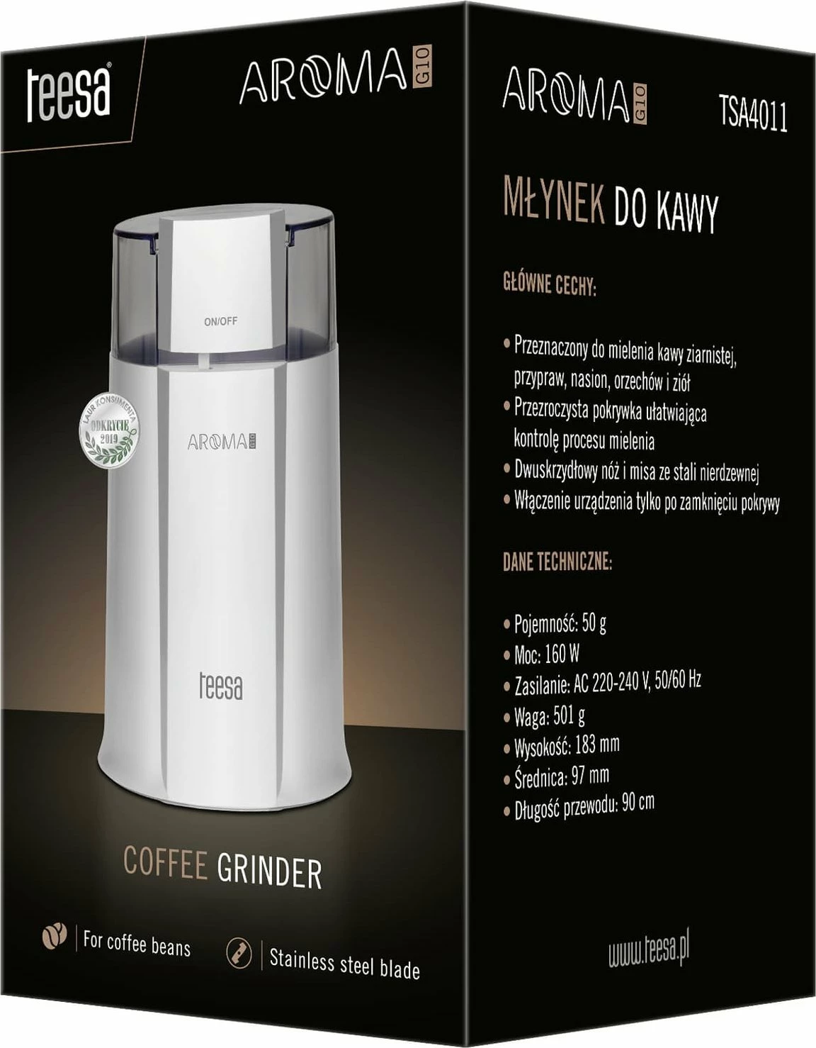 Mulli kafeje elektrik Teesa Aroma G10 160 W, kapacitet 50 g, i bardhë