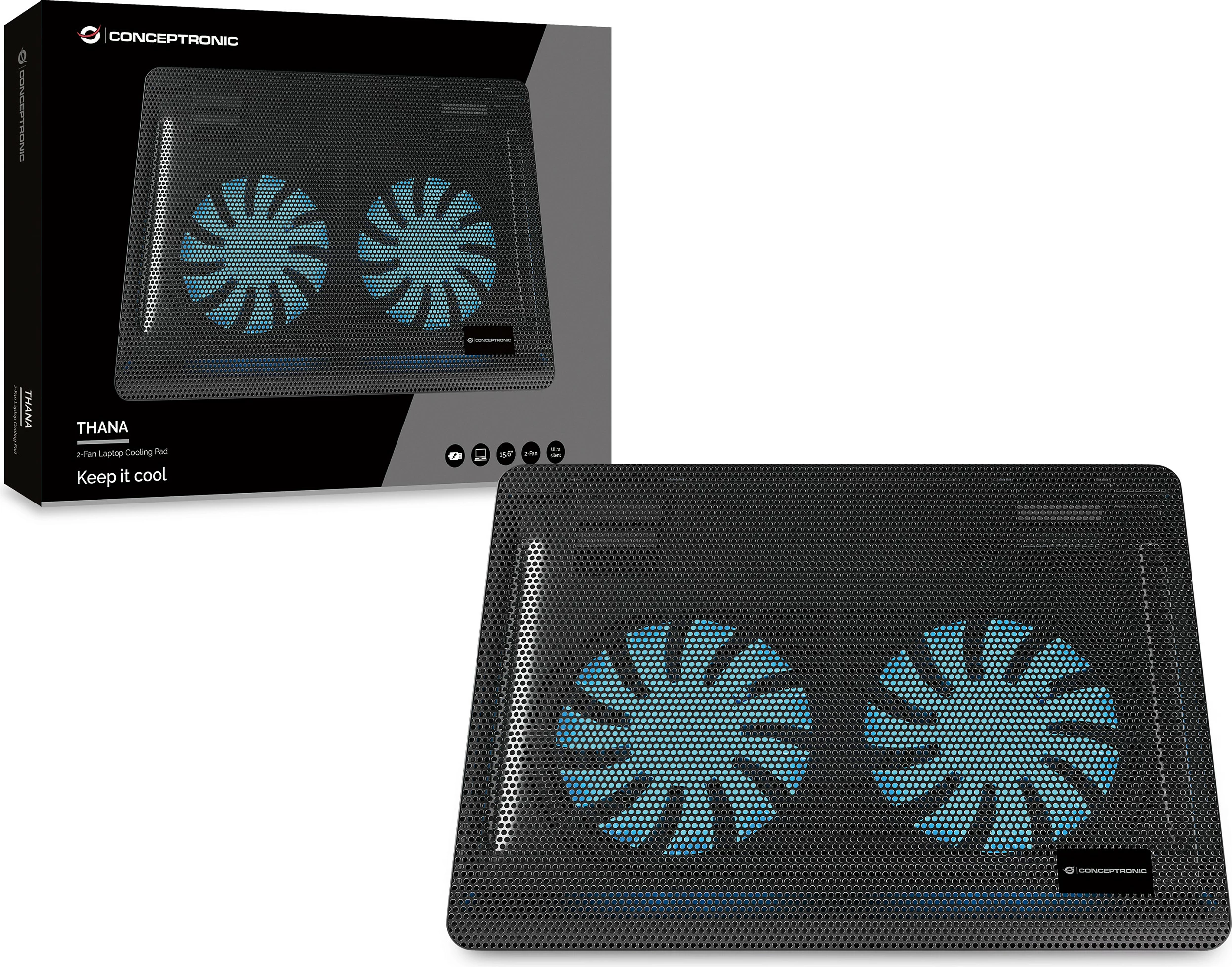 Mbështetëse ftohëse Conceptronic 2-Fan USB-A2.0 për laptop 15.6 inç, e zezë