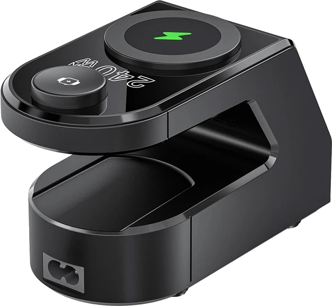 Orë alarmi me karikues 10‑në‑1, BlitzWolf BW-FW10, 4x USB-C + 2x USB-A, 2 karikim pa tela (telefon 15W + smartwatch 5W), PD 3.1 deri 240W, e zezë