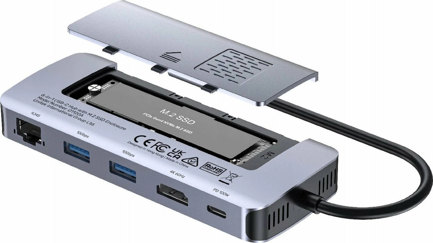 Hub USB-C aktiv Unitek D1120A01 10Gbps, HDMI, Ethernet, M.2 SSD, PD 100W, gri