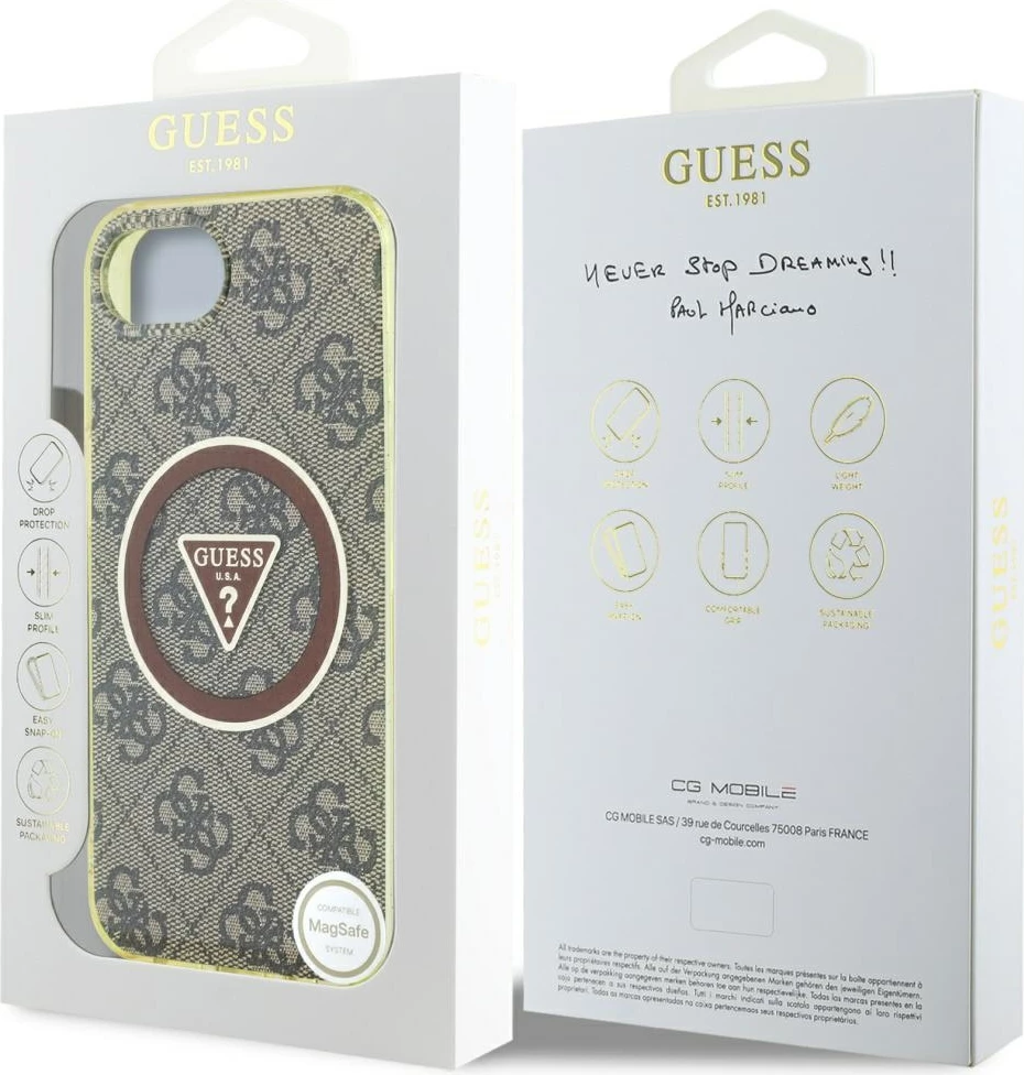 Mbështjellës Guess IML Metal Glitter 4G Circle Triangle MagSafe për iPhone 16e, Kafe