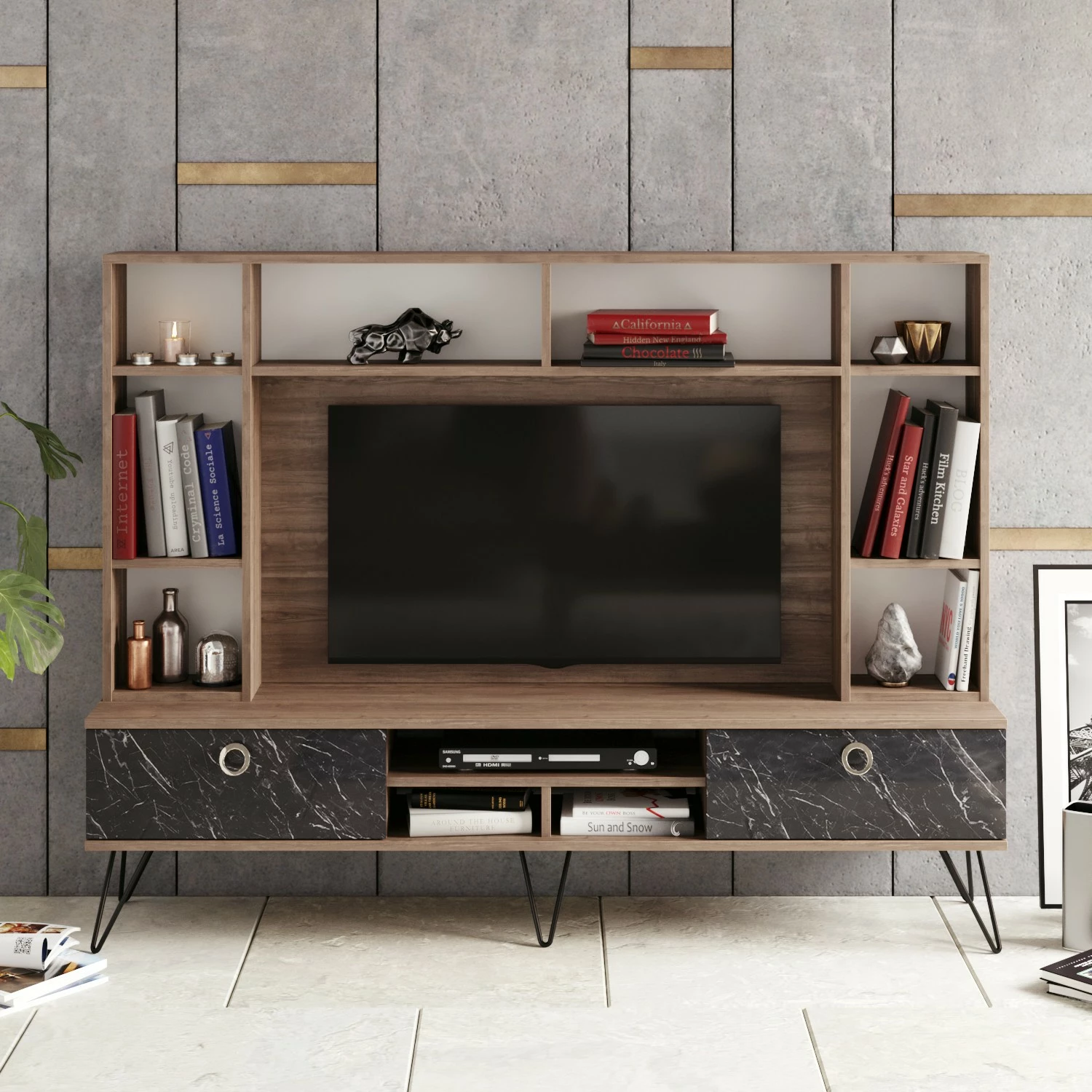 Komodë TV Hanah Home, Lorenz, ngjyrë arrë dhe e zezë