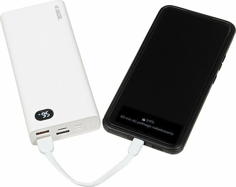 Powerbank iBOX PB20 20000mAh, 22.5W, QC 3.0/PD, me display, 2x USB-A + 1x USB-C, i bardhë, me kabllo USB-C