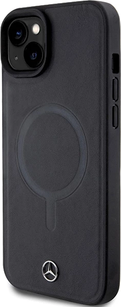 Mbështjellës Mercedes Smooth Leather MagSafe për iPhone 15 Plus, i zi