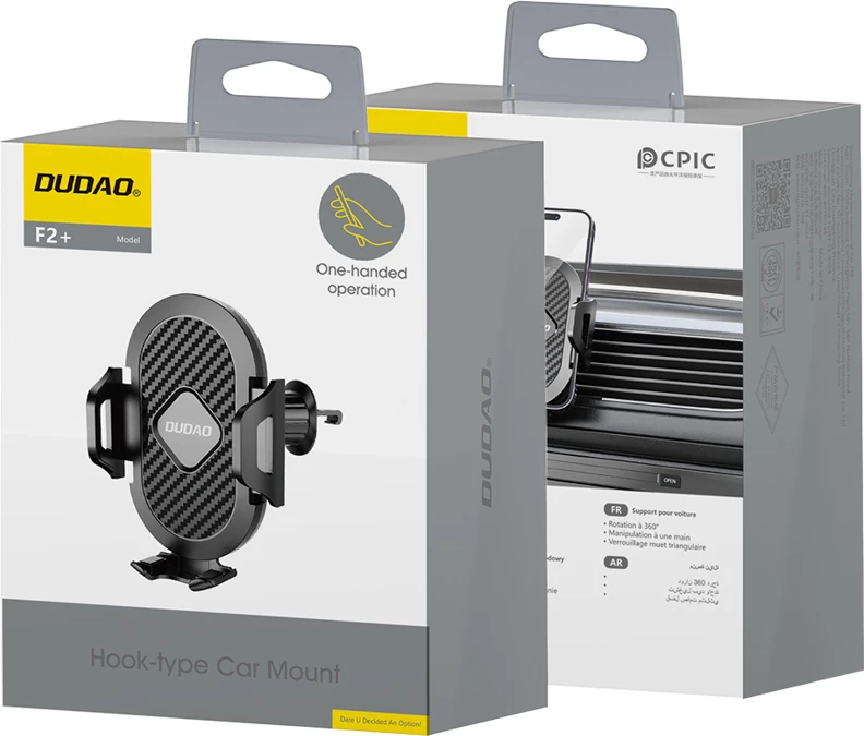 Mbajtës celulari për grilë ventilimi, Dudao F2+, kapëse automatike me grep metalik, i zi
