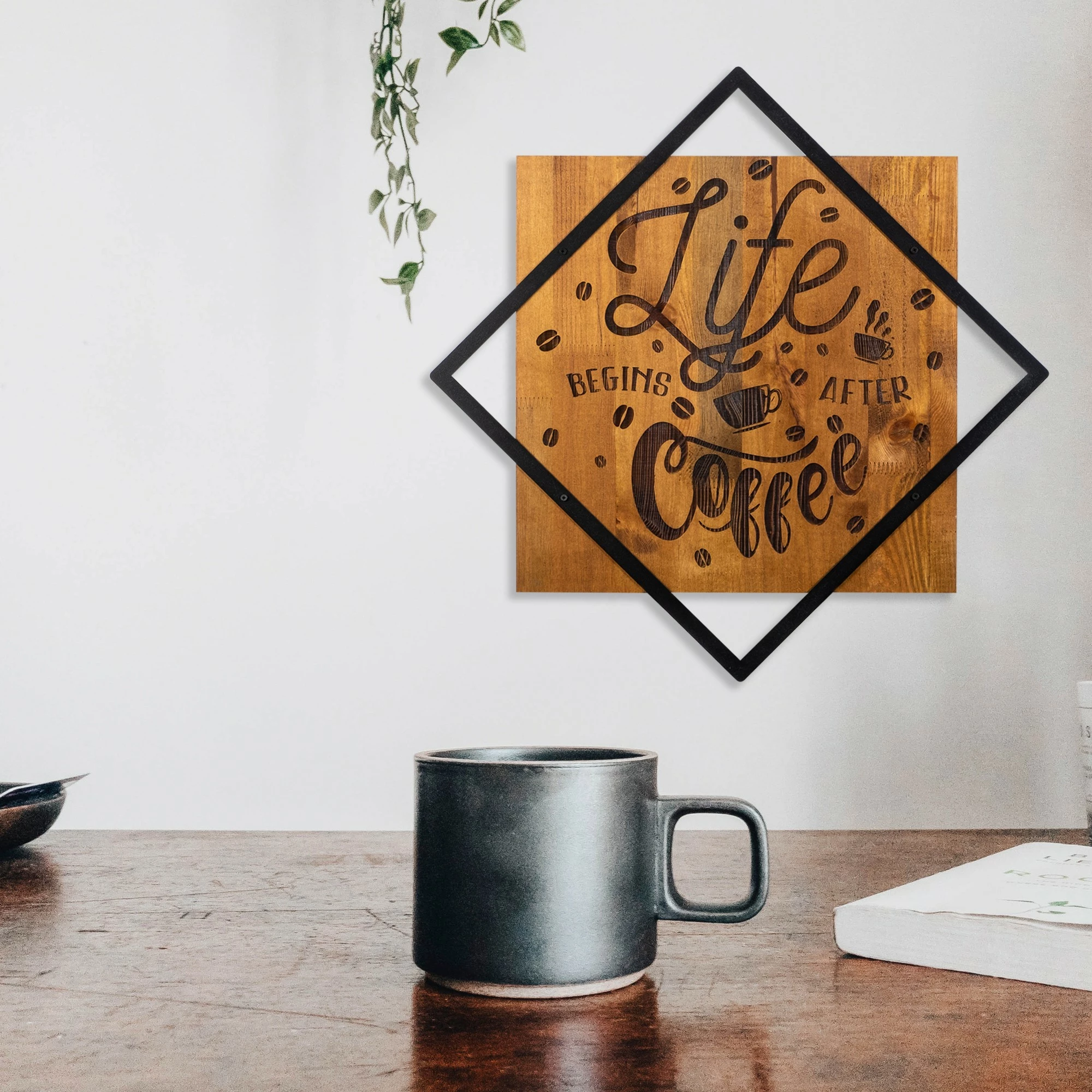 Aksesor dekorativ për mur, dru, ‘Life Begins After Coffee’, Wallity, ngjyrë arre, e zezë, 54x54cm