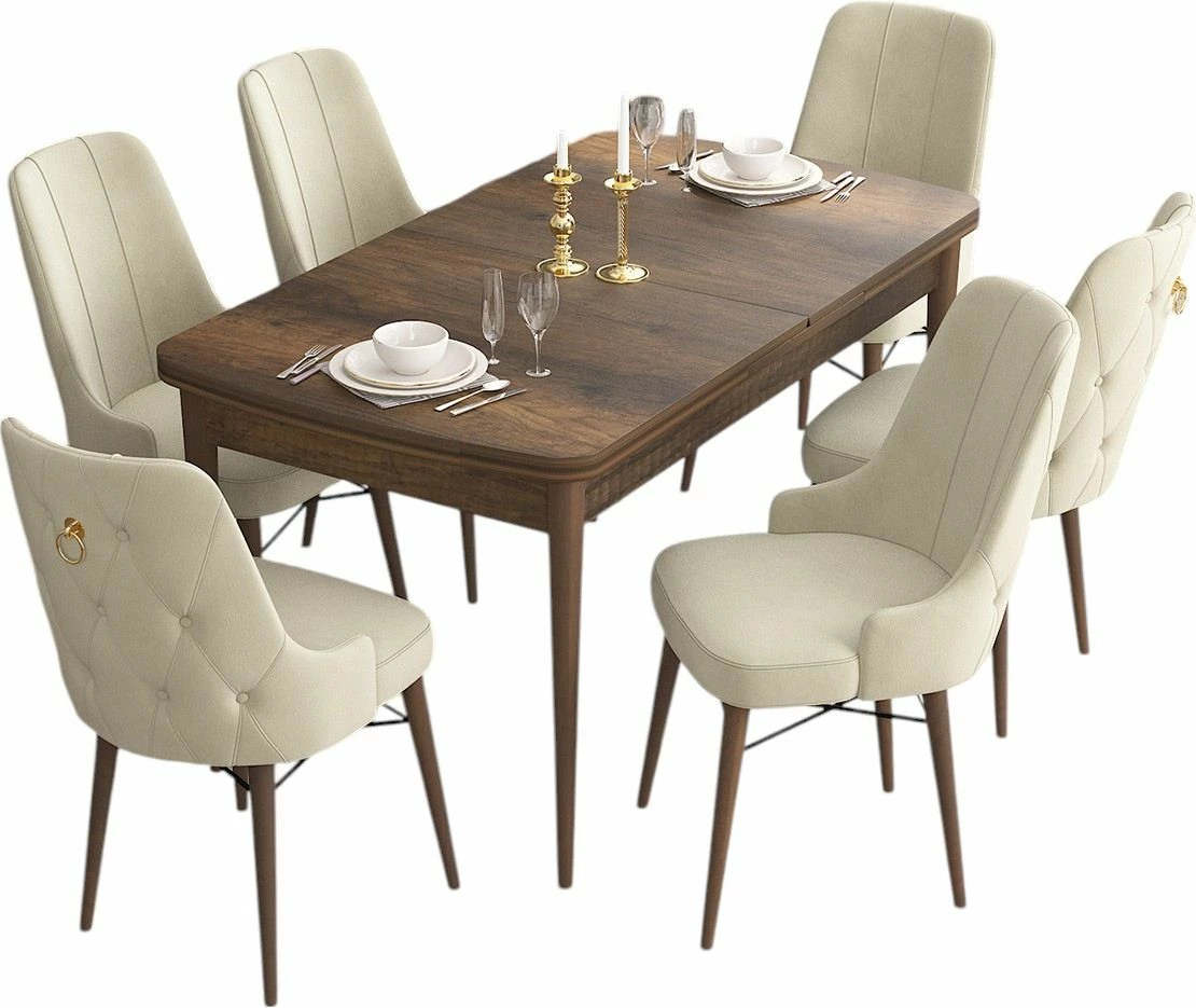 Set tavoline me karrige për ngrënie, zgjatues, ngjyrë barok dhe krem, 7 copë, Skye Decor