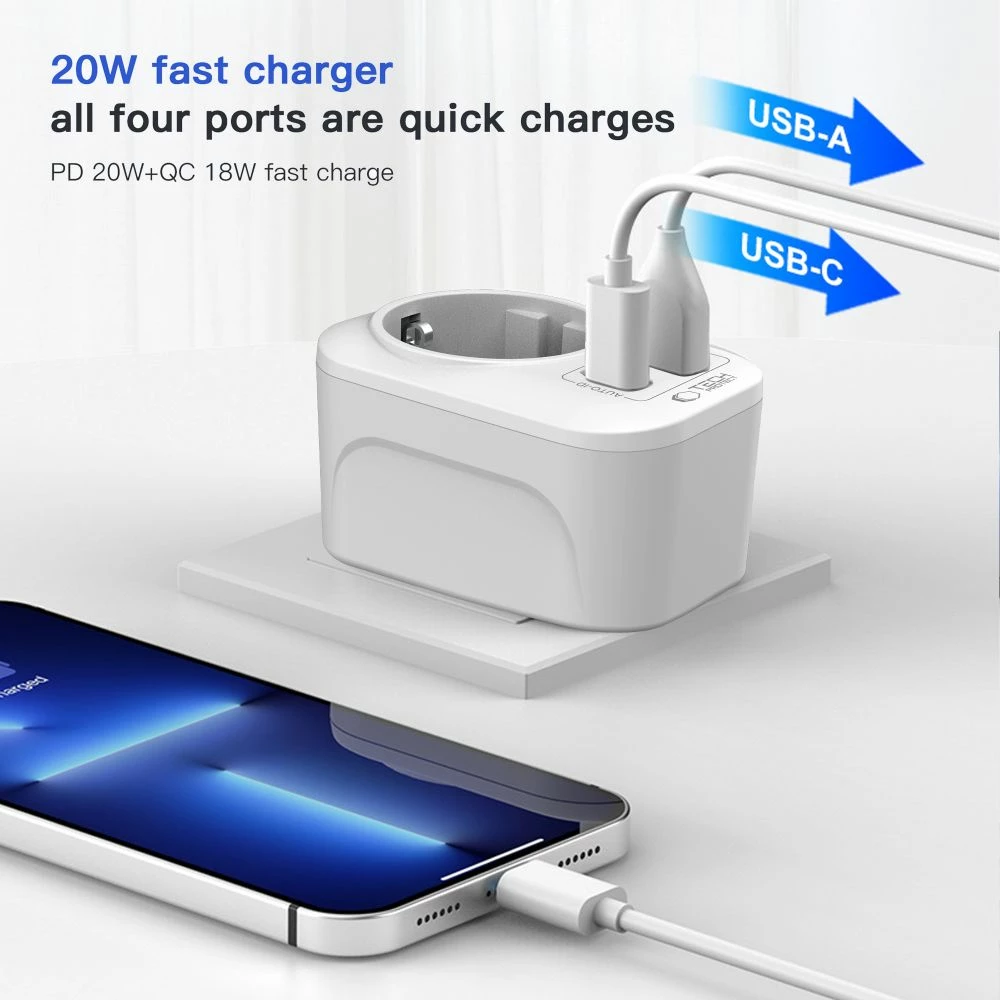 Adapter udhëtimi Tech-Protect TA100 EU në UK, 2500W, USB-A + USB-C, i bardhë, 1 copë