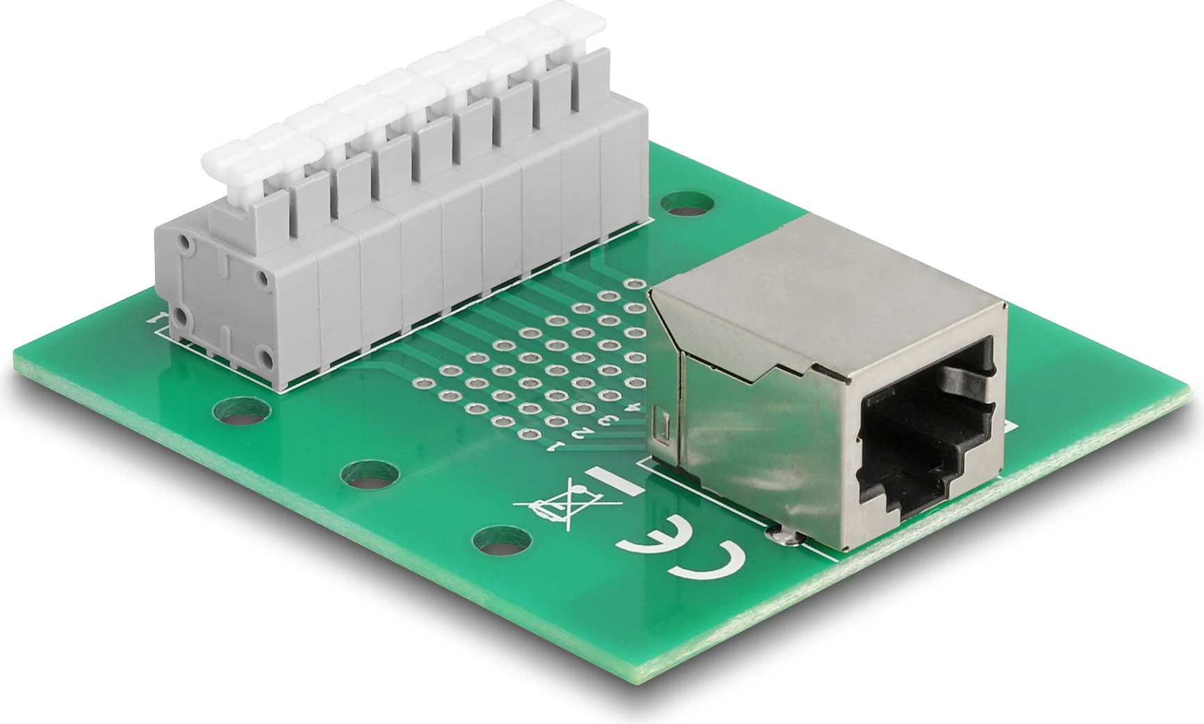 Adapter rrjeti DeLOCK RJ45 femër në terminal block me buton, montim DIN rail, AWG 24-12, gjelbër/gri