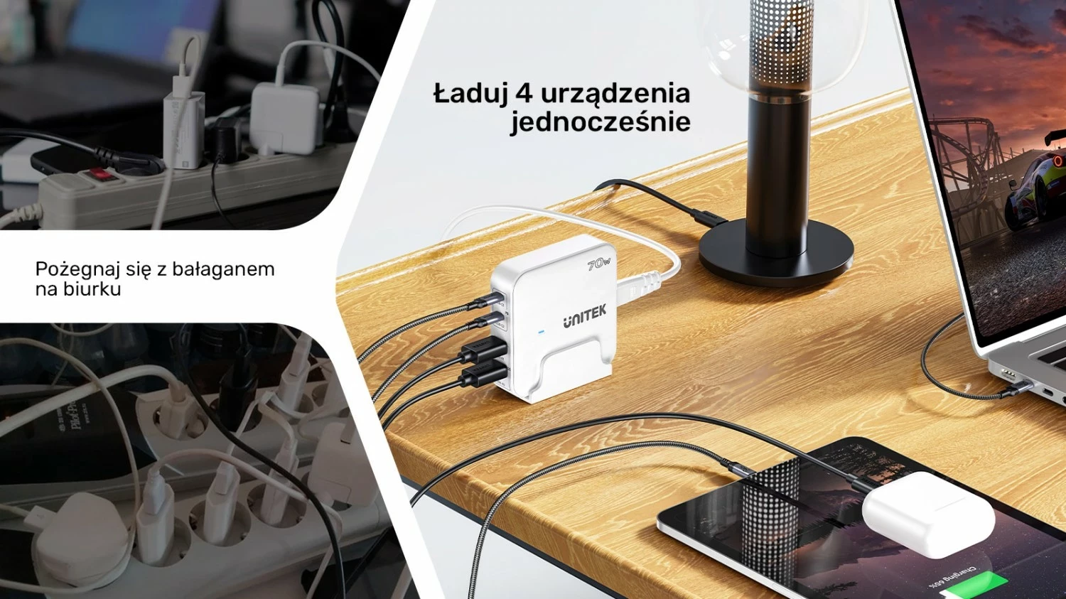 Karikues Unitek GaN 70W 2xUSB-A 2xUSB-C i bardhë