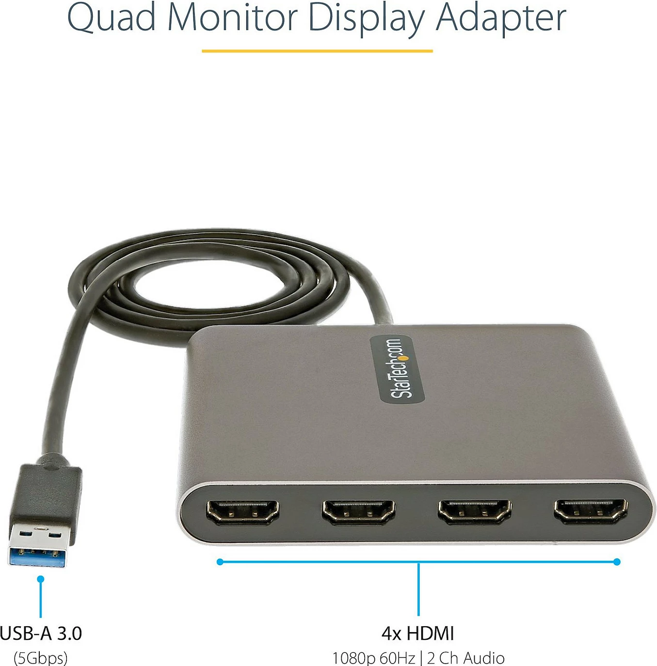 Adapter USB 3.0 në 4x HDMI StarTech, 1080p 60Hz, për 4 ekrane, Gri