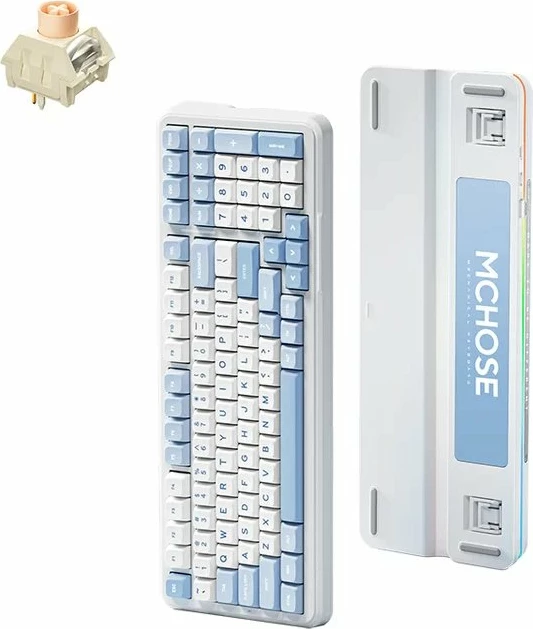Tastierë mekanike MCHOSE MC-K99 Icy Creamsicle RGB, tri-modë (USB/Bluetooth/2.4 GHz), US layout, blu