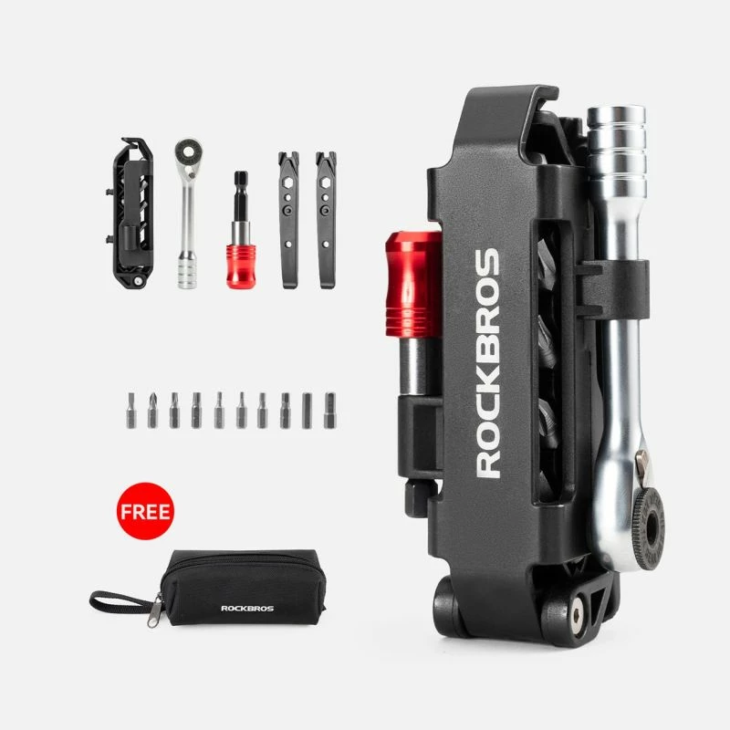 Set veglash për biçikletë Rockbros multitool me çelës ratchet dhe leva gomash, i zi