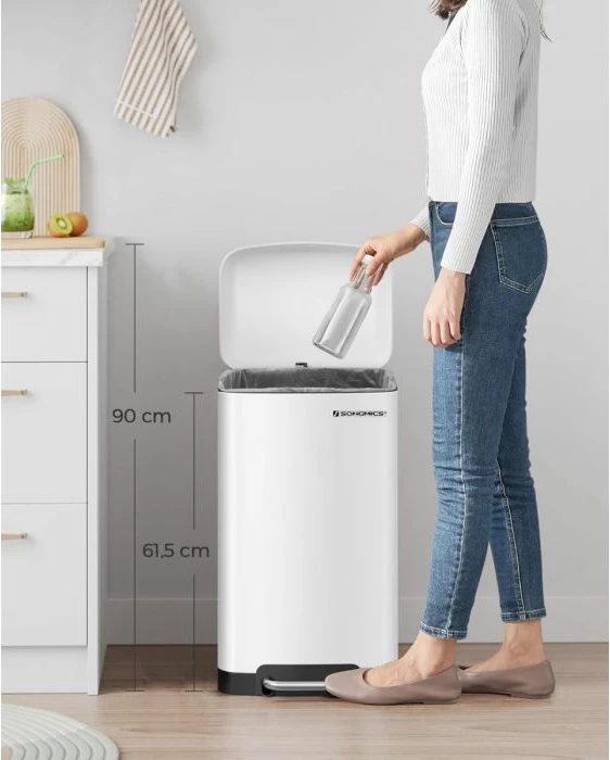 Kosh mbeturinash me pedal SONGMICS LTB01W 30 L, soft-close, me kovë të brendshme, metal, e bardhë