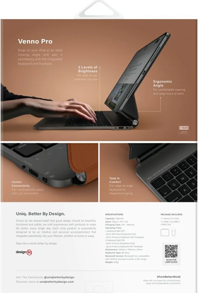 Mbështjellës magnetik me tastierë UNIQ Venno Pro për iPad 11"/iPad Air 11"/iPad Pro 11", Bluetooth 5.2, trackpad, bateri 400 mAh, Karamel