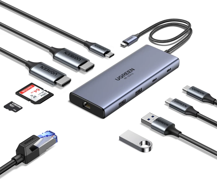 Docking Station USB-C UGREEN 45380 10-në-1, PD 100W, 2x HDMI 4K@60Hz, 10Gbps, Gigabit Ethernet, SD/TF, gri